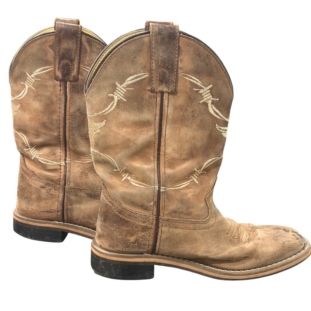 Smoky Mountain Kids Brown Leather Barbed Wire Longhorn Cowboy Boots 13‎ 3923C